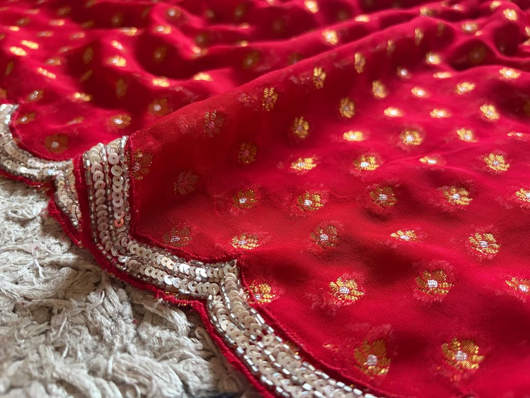 Red Premium Pure Chinnon Silk Banarasi Zari Saree With Sequins Cut Daana Handwork
