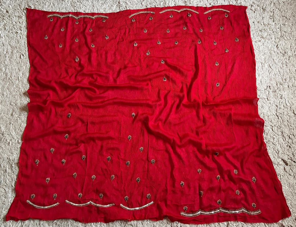 Red Premium Pure Chinnon Silk Banarasi Zari Saree With Sequins Cut Daana Handwork