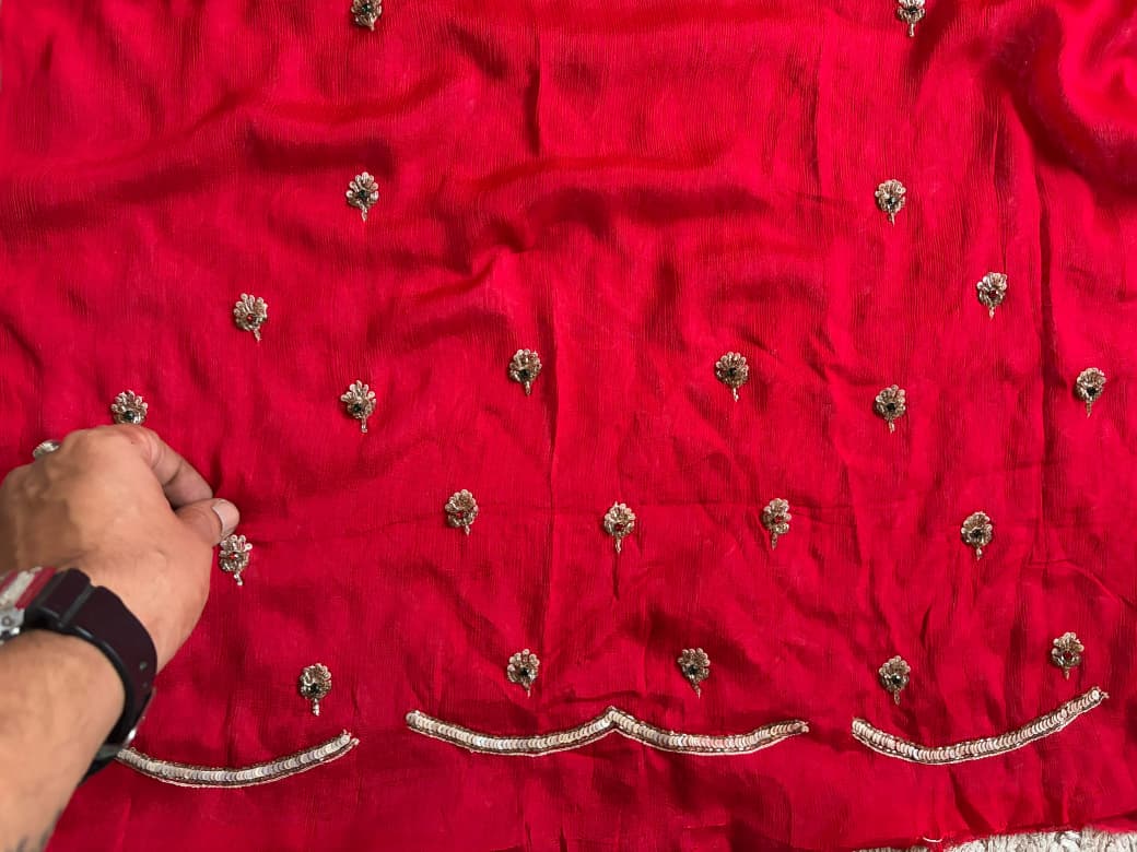 Red Premium Pure Chinnon Silk Banarasi Zari Saree With Sequins Cut Daana Handwork