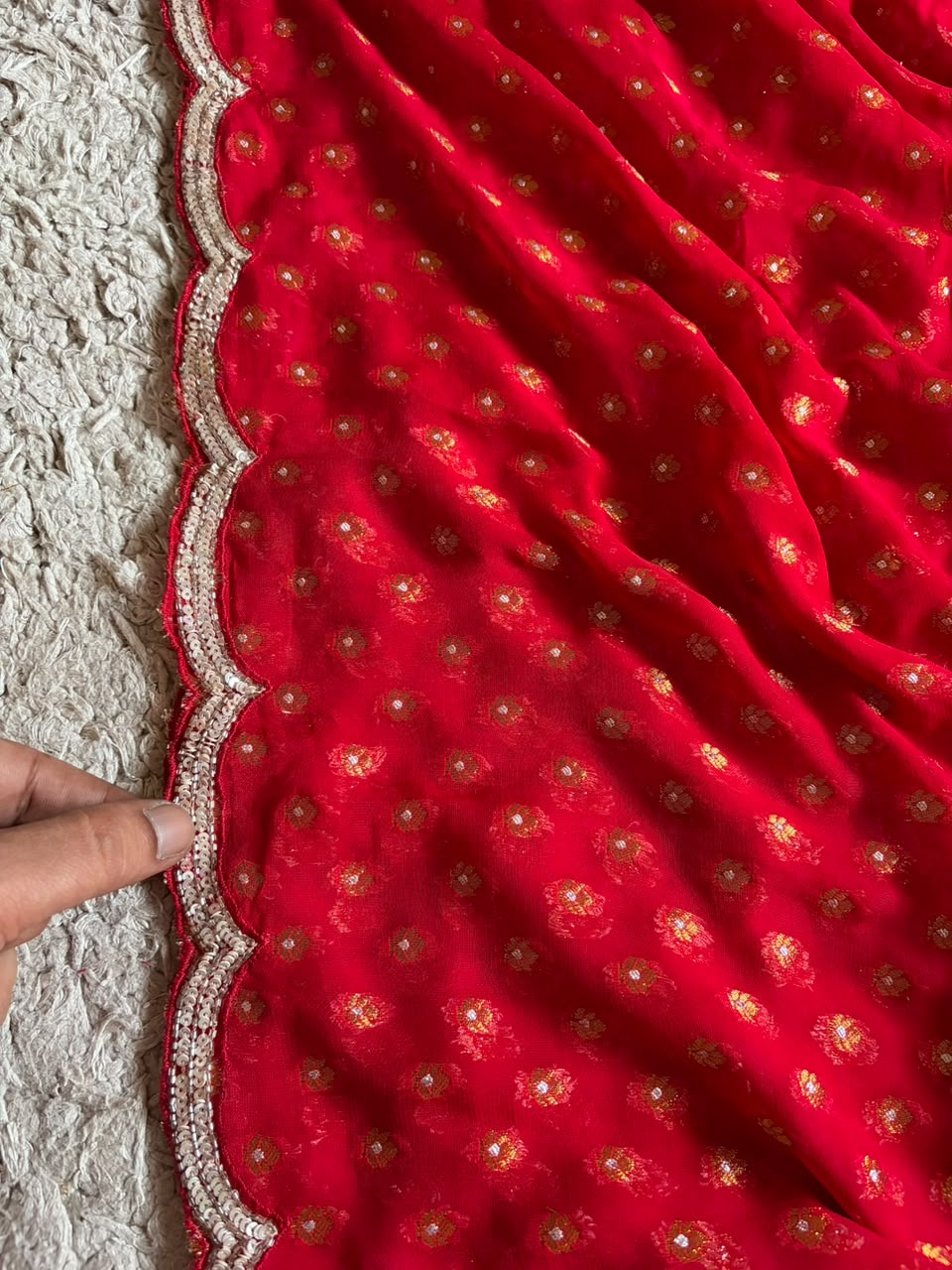 Red Premium Pure Chinnon Silk Banarasi Zari Saree With Sequins Cut Daana Handwork