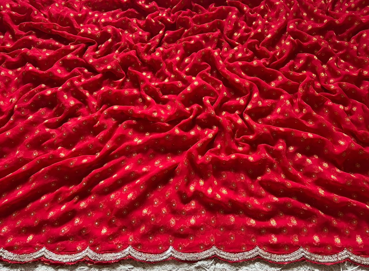 Red Premium Pure Chinnon Silk Banarasi Zari Saree With Sequins Cut Daana Handwork