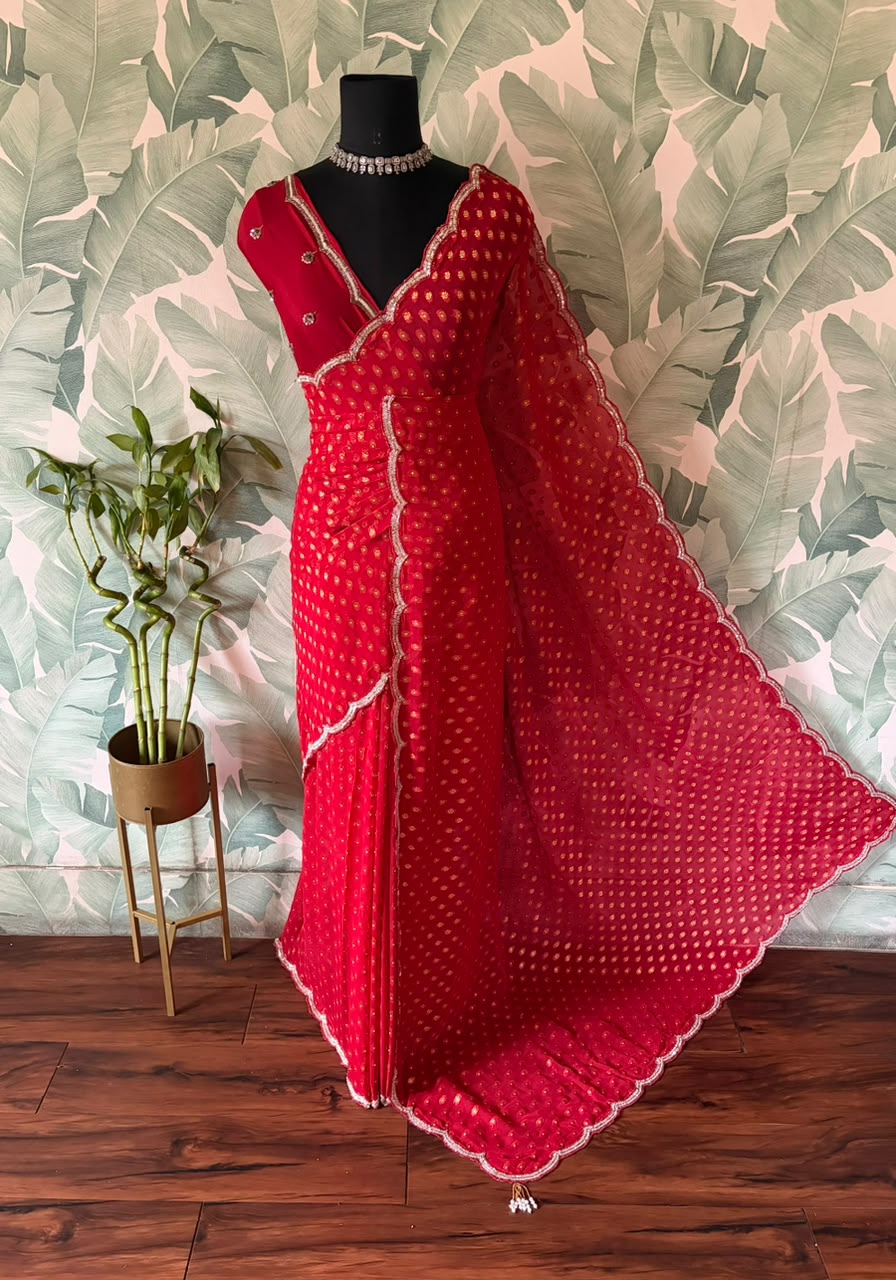 Red Premium Pure Chinnon Silk Banarasi Zari Saree With Sequins Cut Daana Handwork