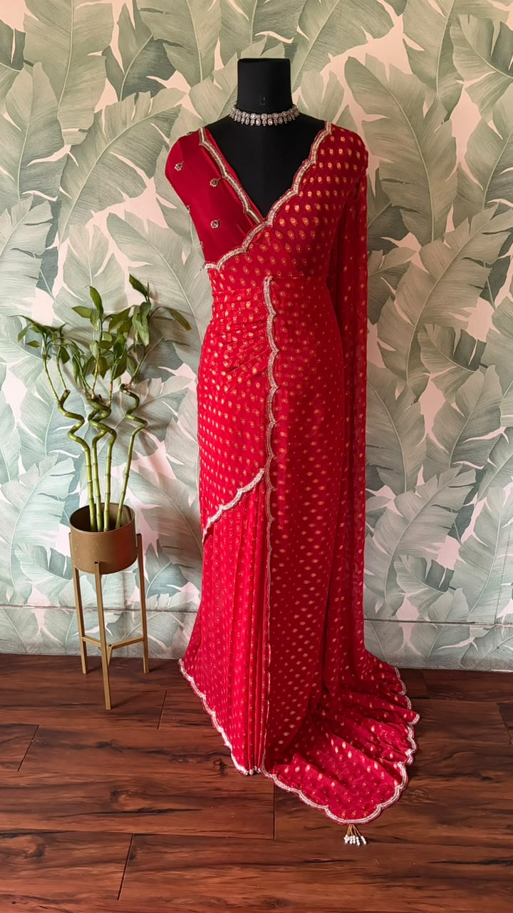 Red Premium Pure Chinnon Silk Banarasi Zari Saree With Sequins Cut Daana Handwork