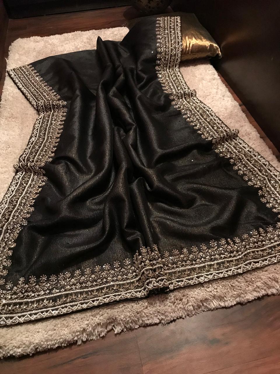 Black Gold Shimmer Premium Pure Crushed Tissue Silk Saree