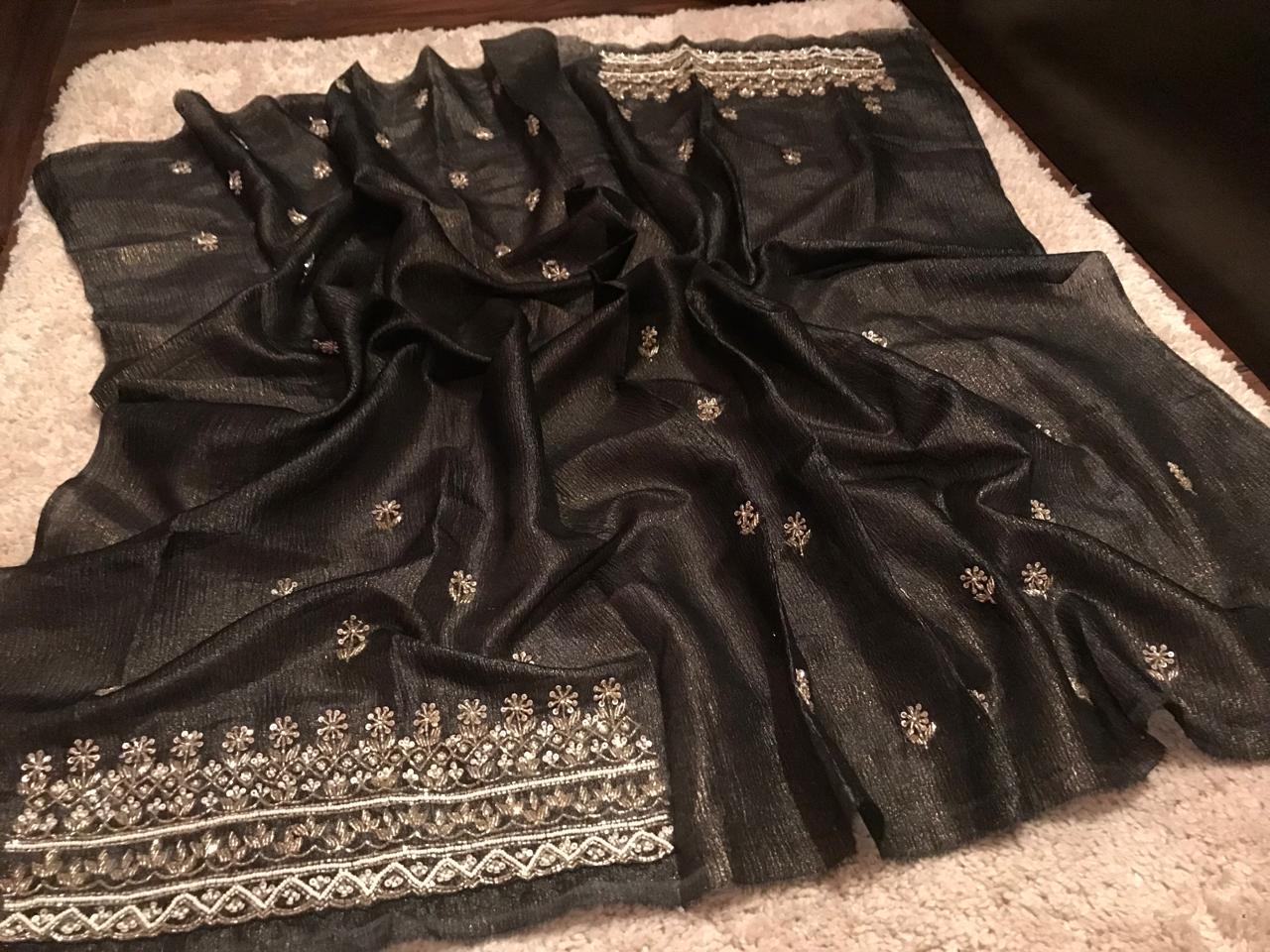 Black Gold Shimmer Premium Pure Crushed Tissue Silk Saree