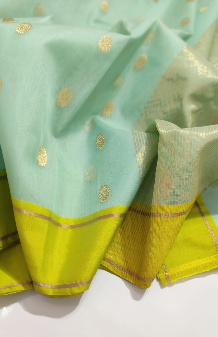 Chanderi Handloom Katan Silk Saree With All-Over Butta, Resham Border & Zari Strip Pallu