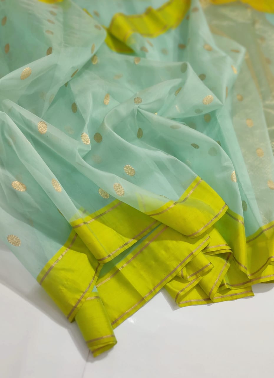 Chanderi Handloom Katan Silk Saree With All-Over Butta, Resham Border & Zari Strip Pallu