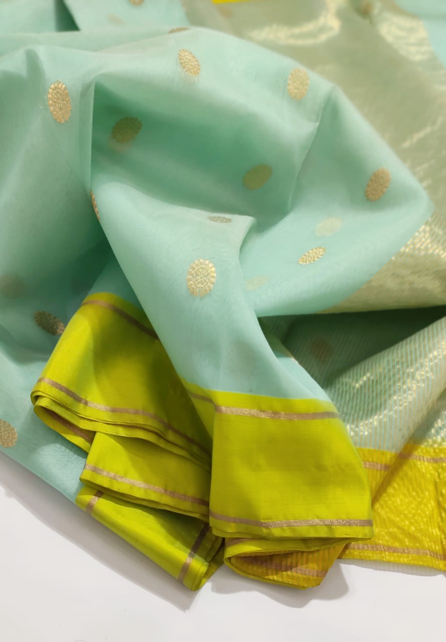 Chanderi Handloom Katan Silk Saree With All-Over Butta, Resham Border & Zari Strip Pallu