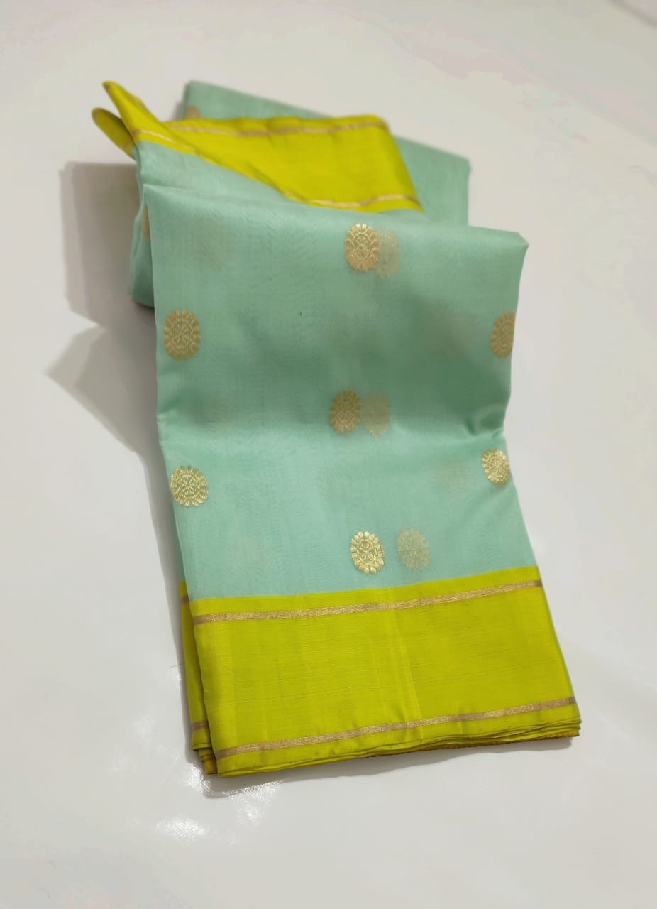 Chanderi Handloom Katan Silk Saree With All-Over Butta, Resham Border & Zari Strip Pallu