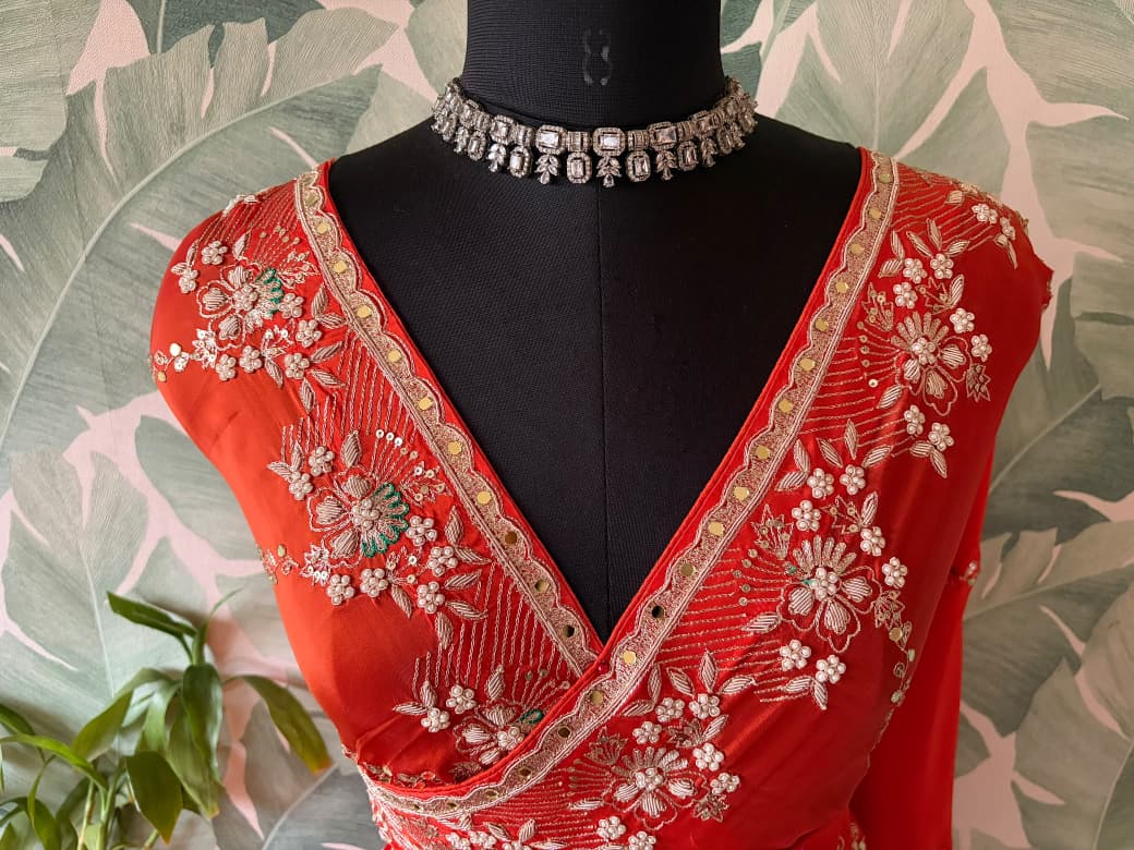 Orange Premium Pure Satin Organza Silk Saree With Zardozi & Mirror Jalna Handwork