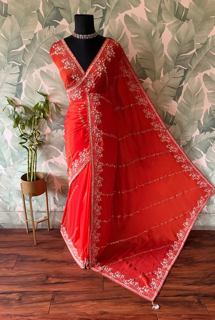 Orange Premium Pure Satin Organza Silk Saree With Zardozi & Mirror Jalna Handwork