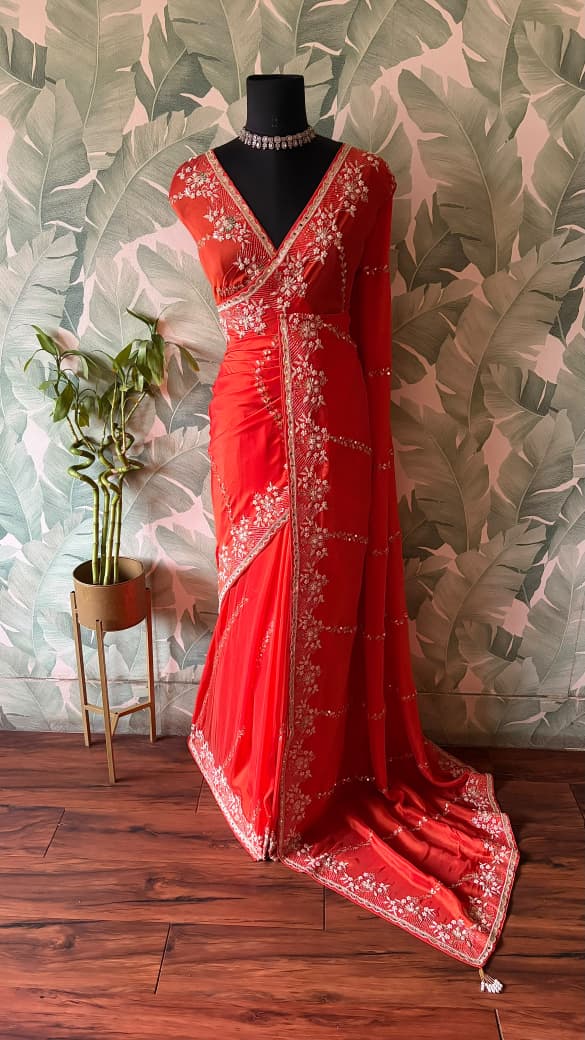 Orange Premium Pure Satin Organza Silk Saree With Zardozi & Mirror Jalna Handwork