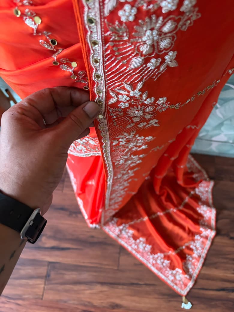 Orange Premium Pure Satin Organza Silk Saree With Zardozi & Mirror Jalna Handwork