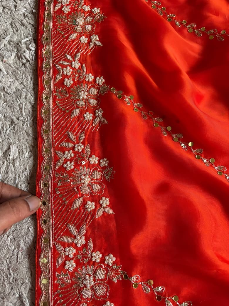 Orange Premium Pure Satin Organza Silk Saree With Zardozi & Mirror Jalna Handwork