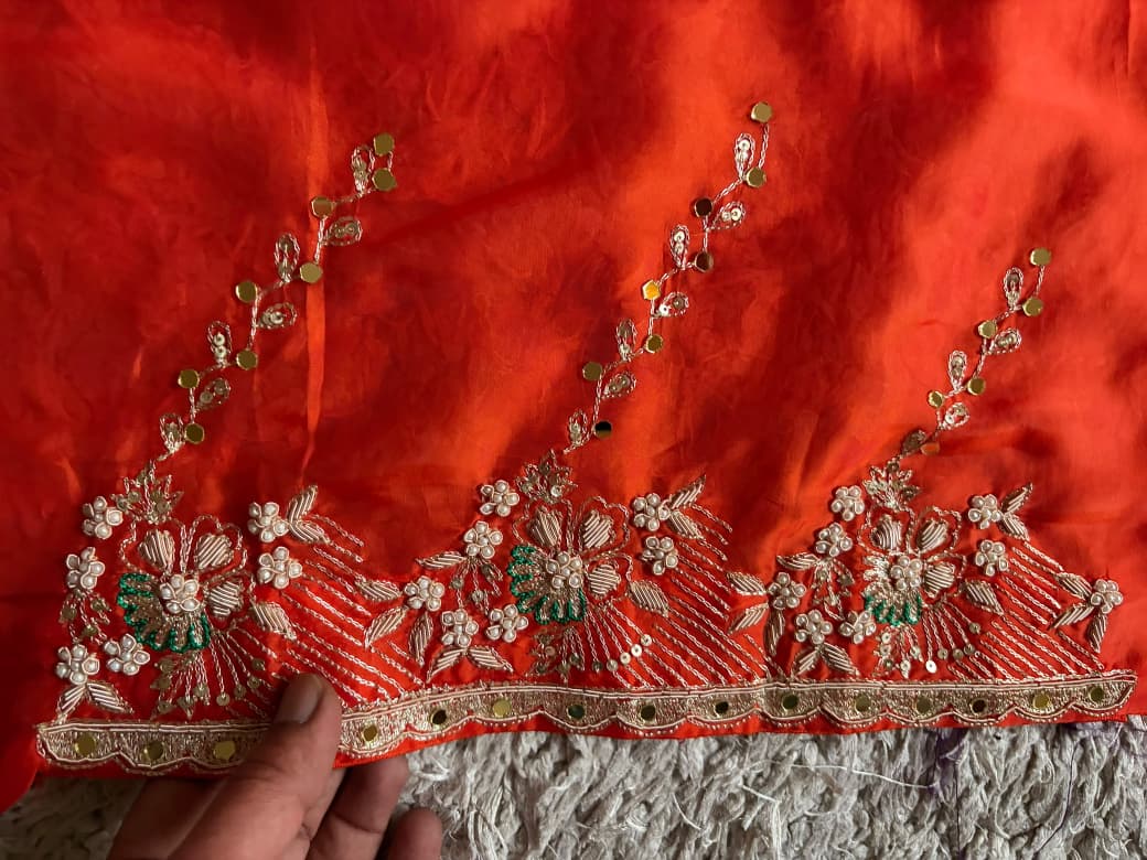 Orange Premium Pure Satin Organza Silk Saree With Zardozi & Mirror Jalna Handwork