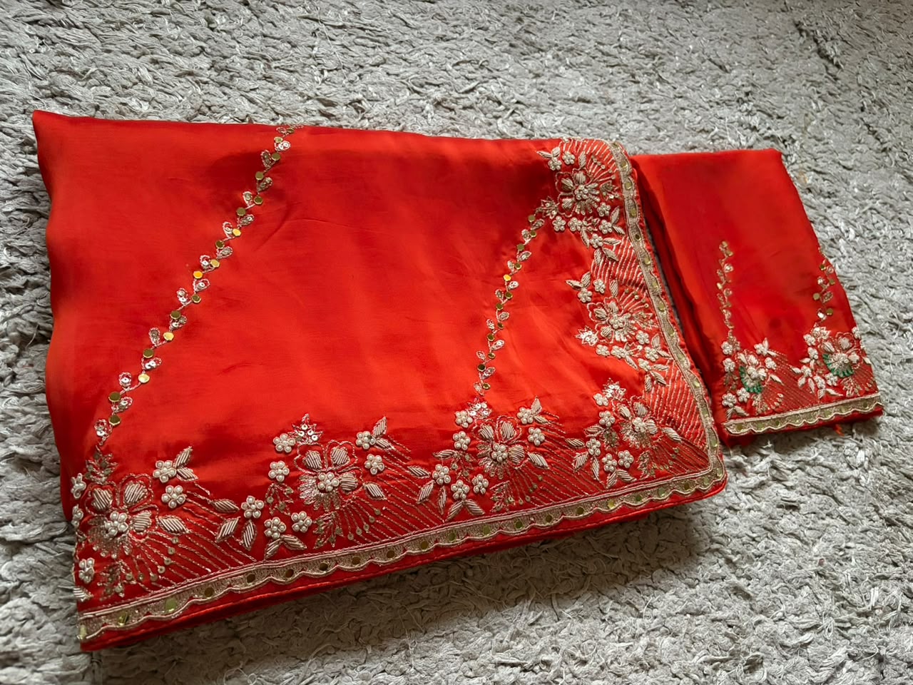 Orange Premium Pure Satin Organza Silk Saree With Zardozi & Mirror Jalna Handwork