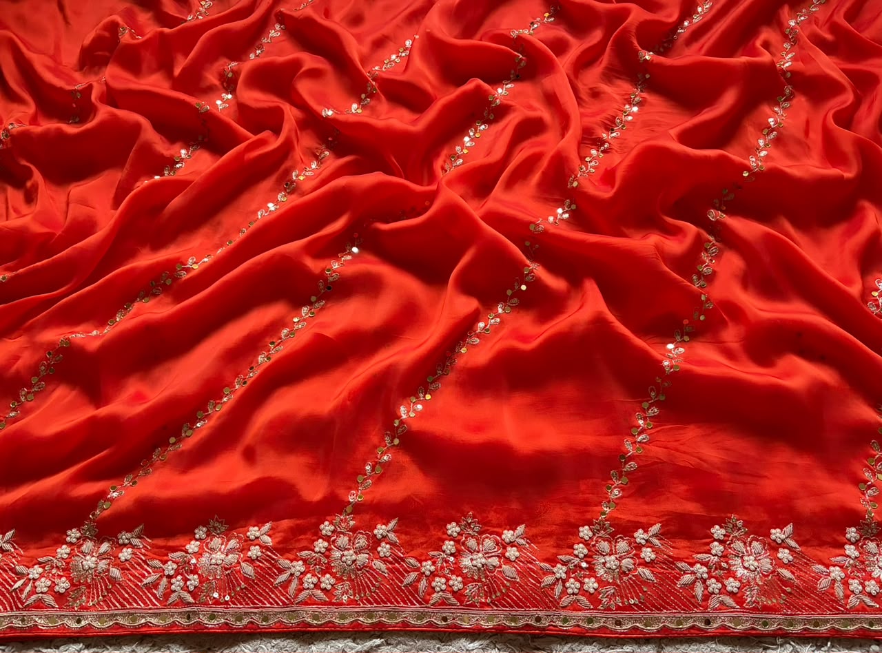 Orange Premium Pure Satin Organza Silk Saree With Zardozi & Mirror Jalna Handwork