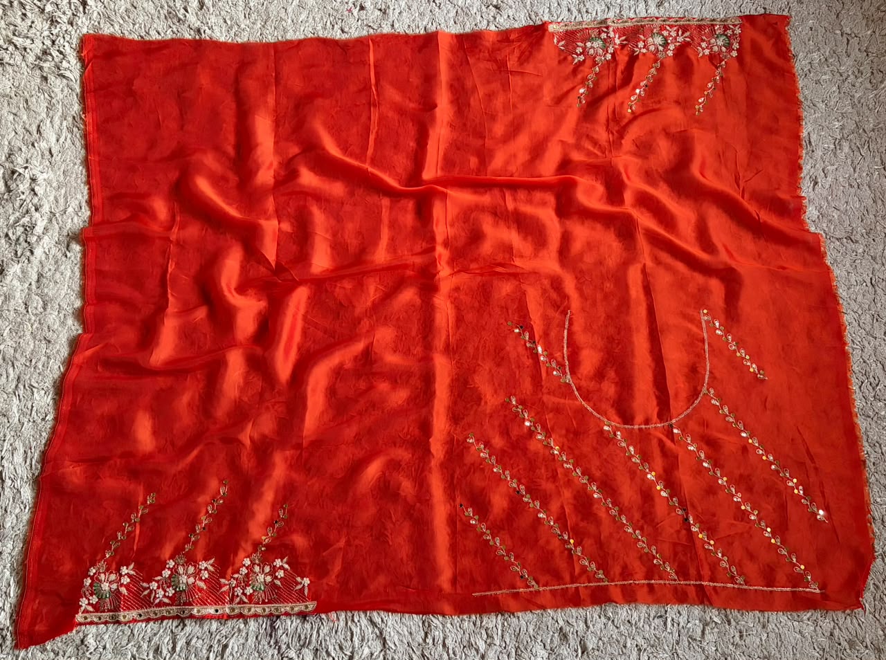 Orange Premium Pure Satin Organza Silk Saree With Zardozi & Mirror Jalna Handwork