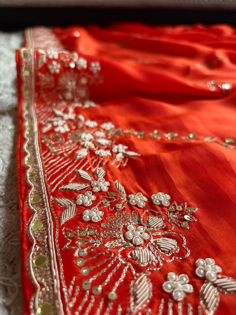 Orange Premium Pure Satin Organza Silk Saree With Zardozi & Mirror Jalna Handwork