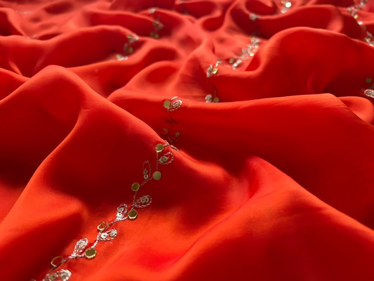 Orange Premium Pure Satin Organza Silk Saree With Zardozi & Mirror Jalna Handwork