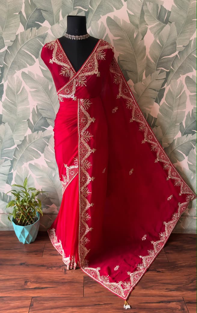 Gorgeous Red Satin Organza Silk Saree