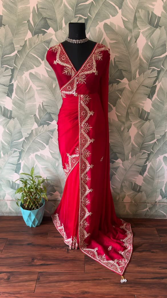 Gorgeous Red Satin Organza Silk Saree