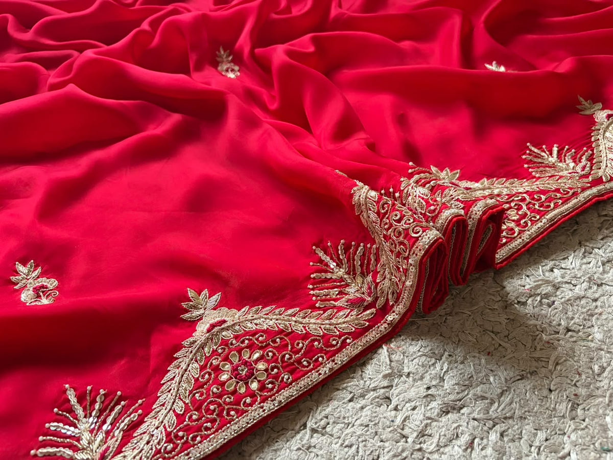 Gorgeous Red Satin Organza Silk Saree