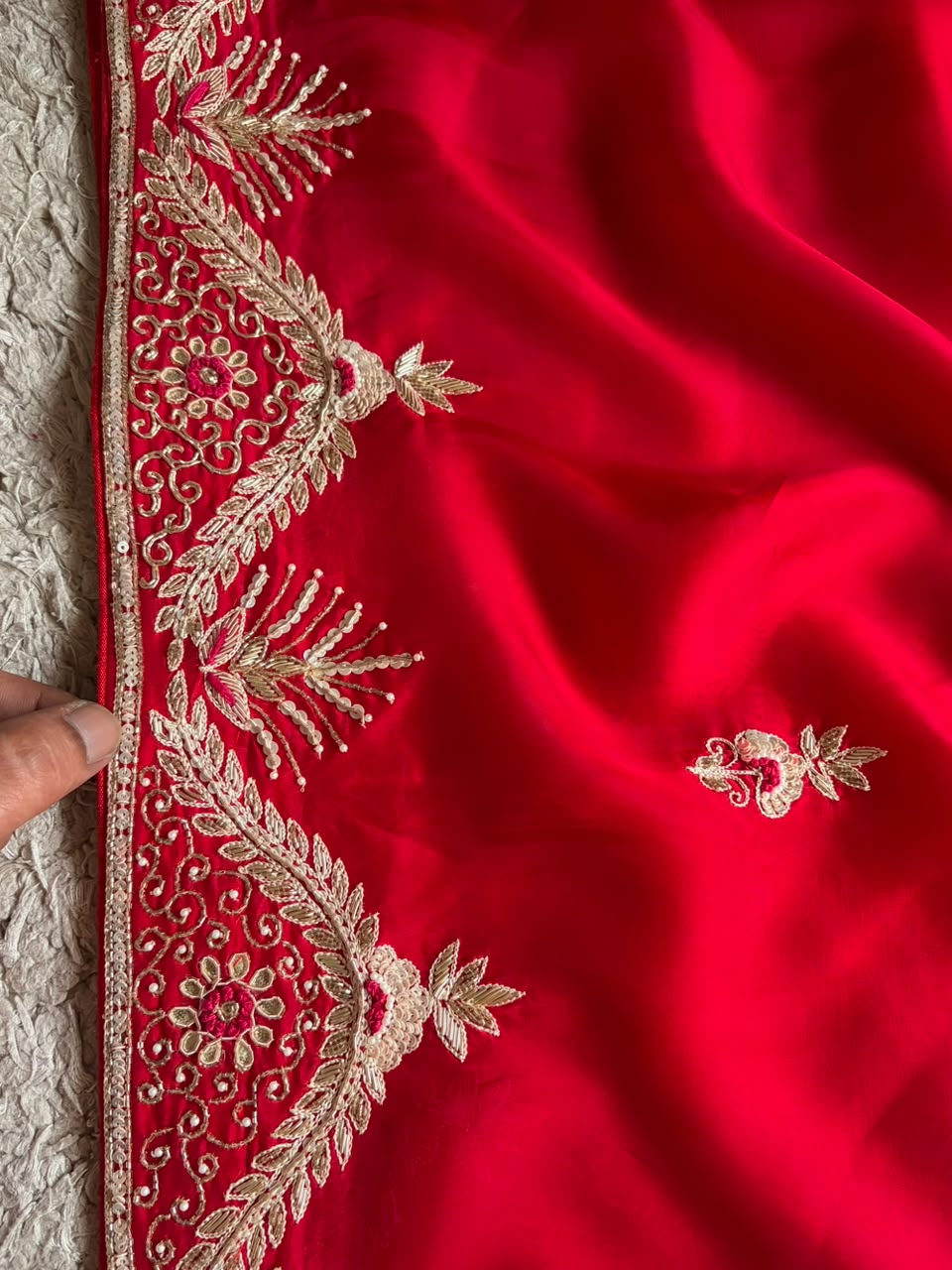 Gorgeous Red Satin Organza Silk Saree