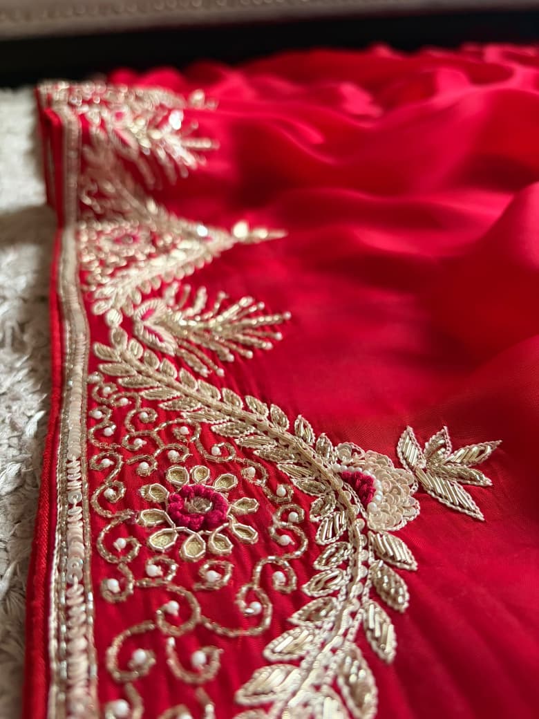 Gorgeous Red Satin Organza Silk Saree