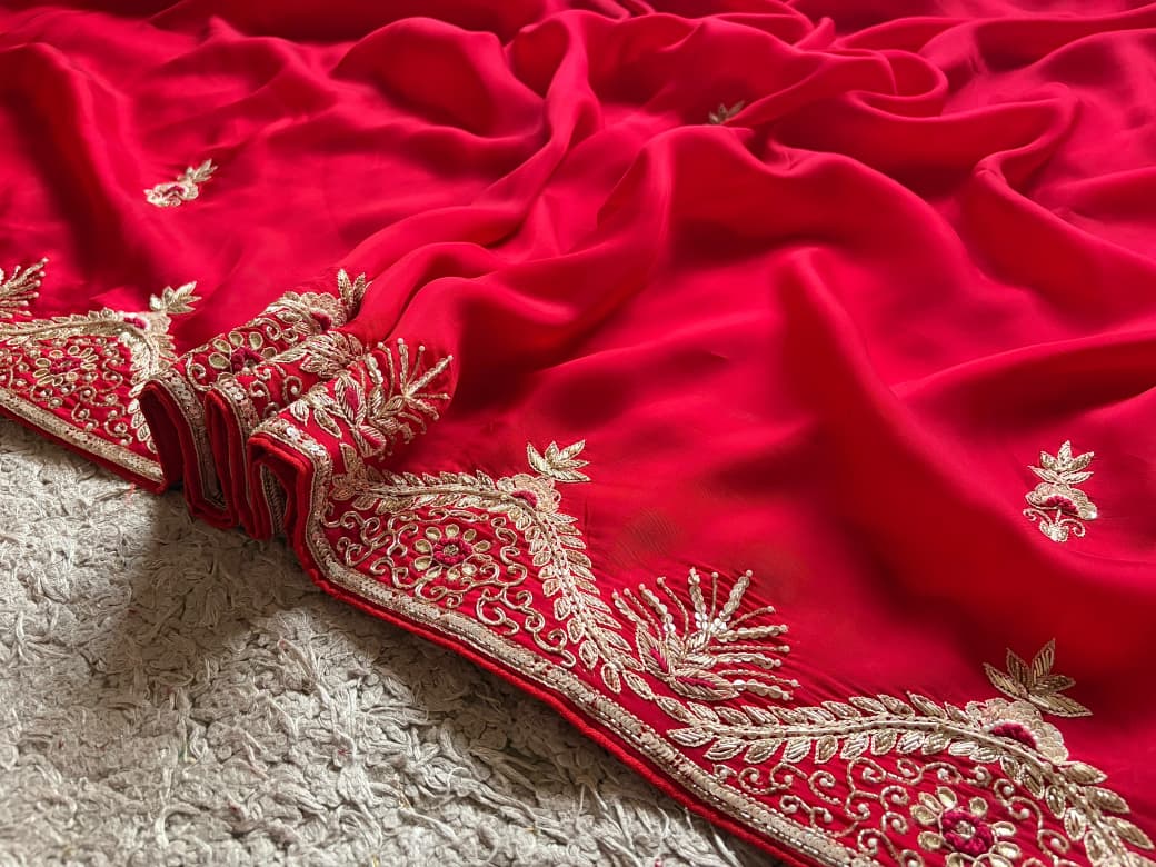 Gorgeous Red Satin Organza Silk Saree