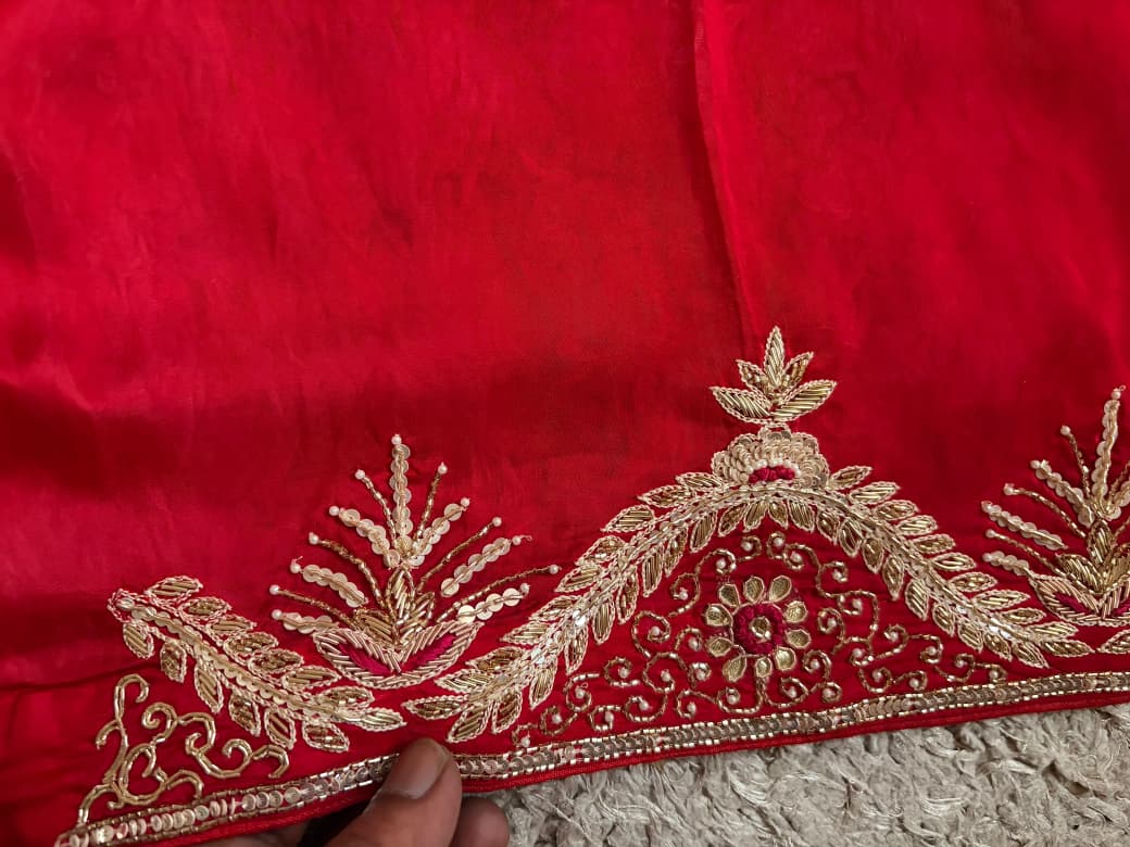 Gorgeous Red Satin Organza Silk Saree
