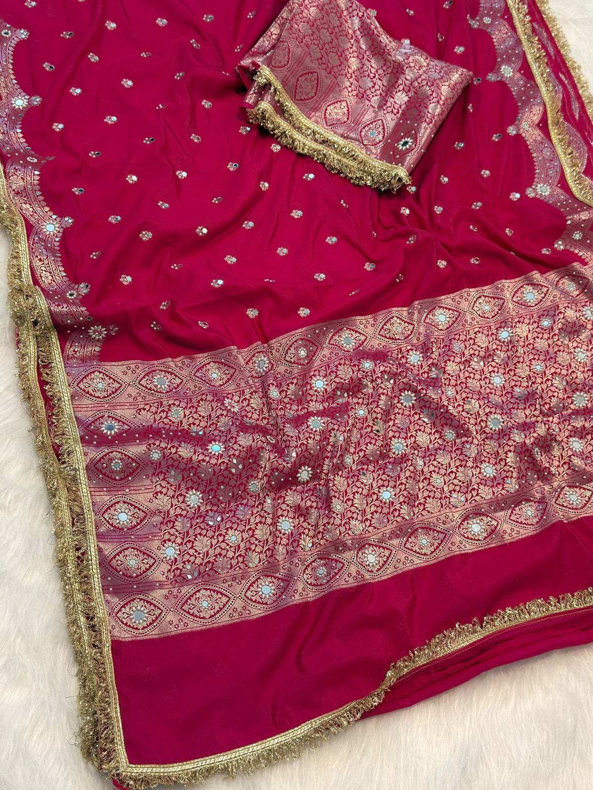 Elegant Soft Chiniya Katan Silk Saree with Mirror & Stone Work