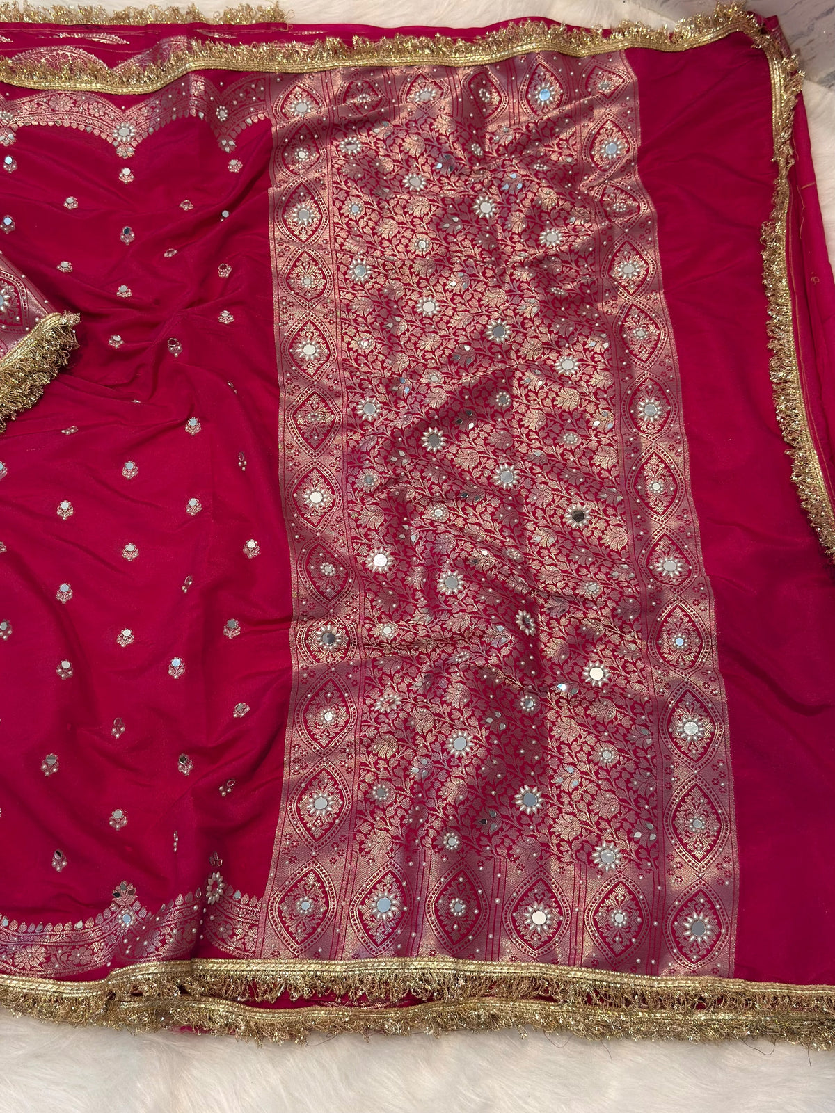 Elegant Soft Chiniya Katan Silk Saree with Mirror & Stone Work