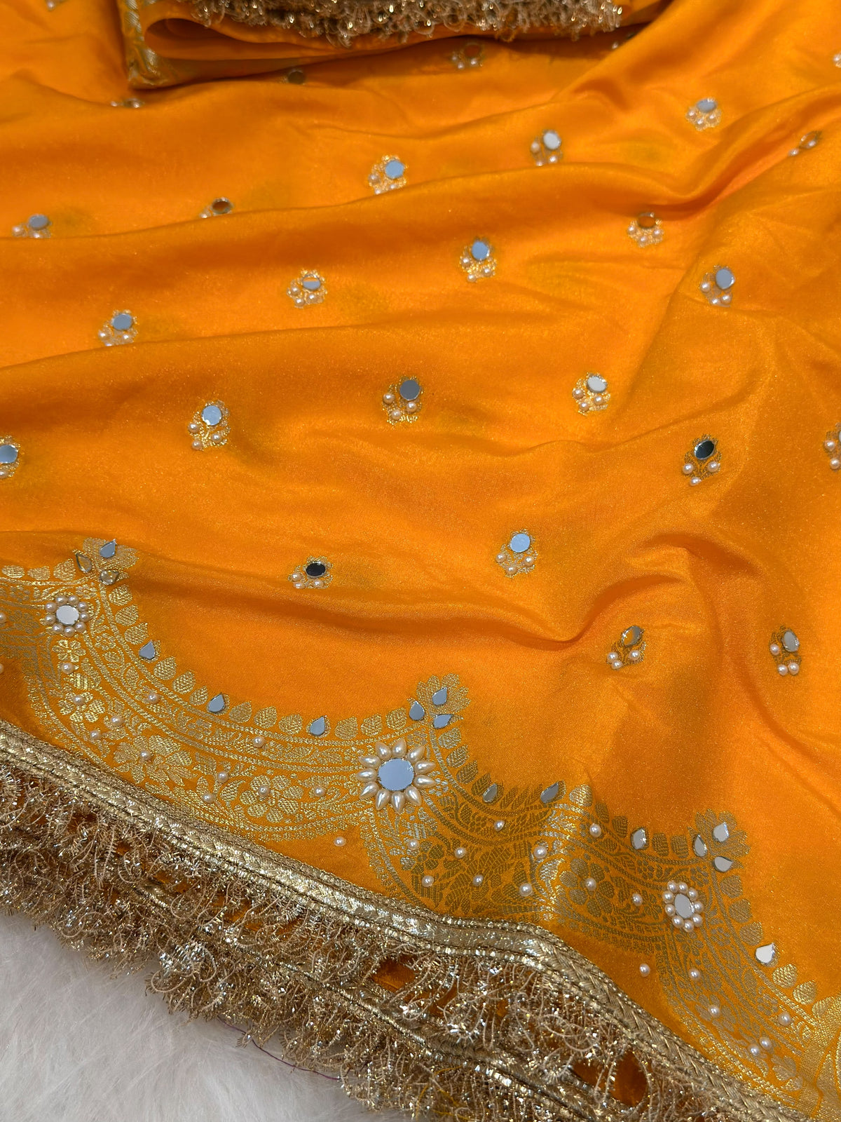 Elegant Soft Chiniya Katan Silk Saree with Mirror & Stone Work