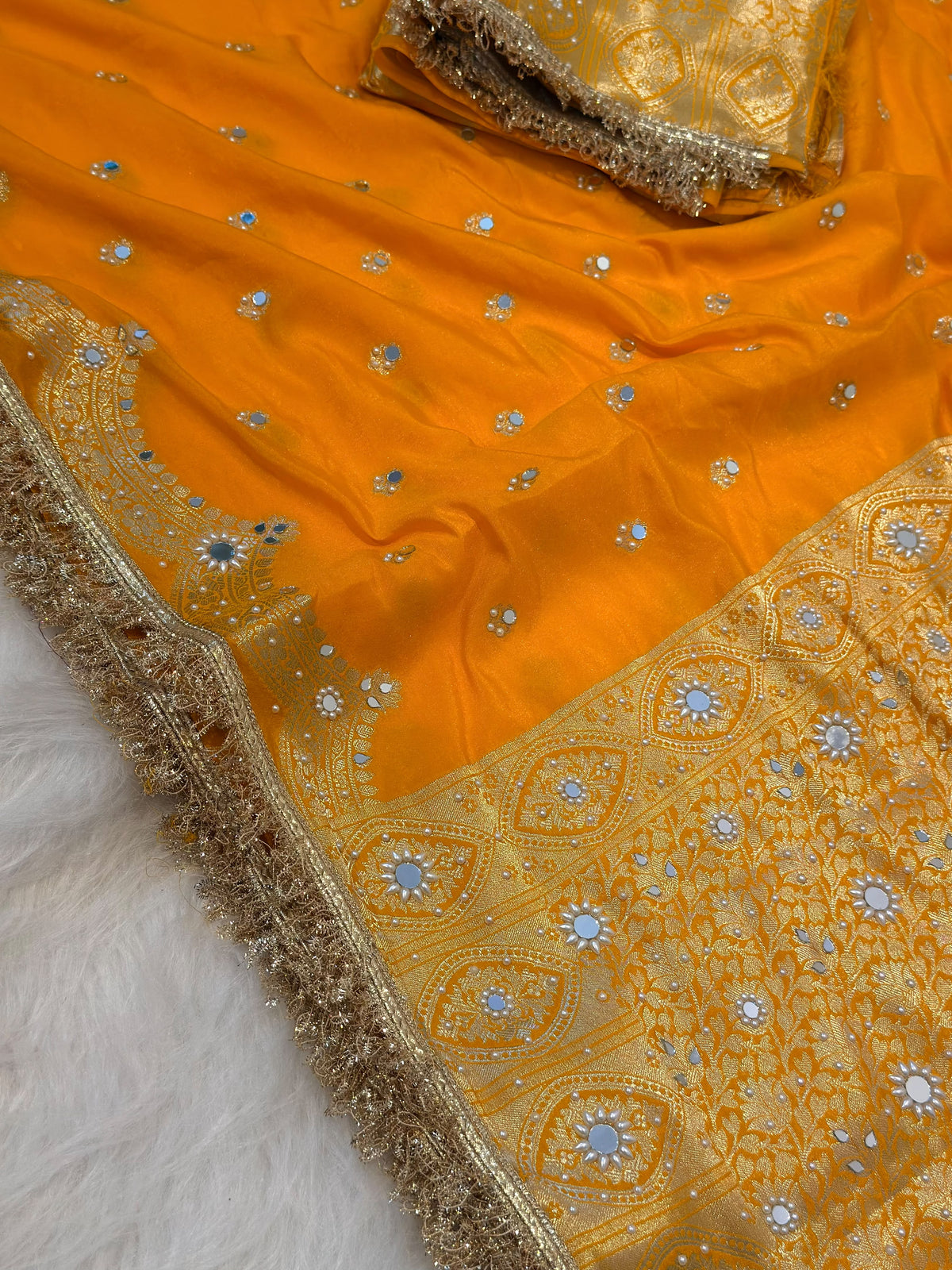 Elegant Soft Chiniya Katan Silk Saree with Mirror & Stone Work