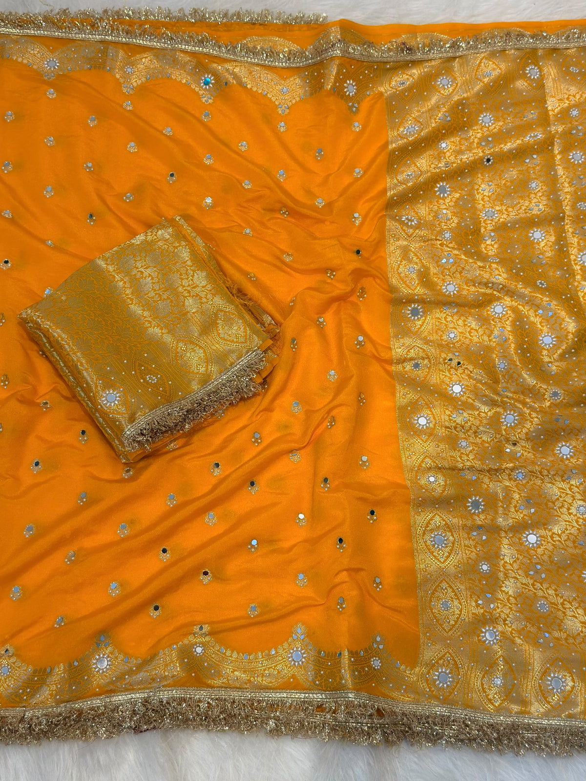 Elegant Soft Chiniya Katan Silk Saree with Mirror & Stone Work
