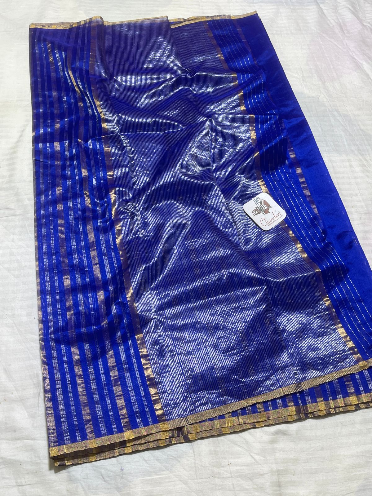 Blue Chanderi Zari Weaving Silver And Gold Zari Strip Small Border Saree