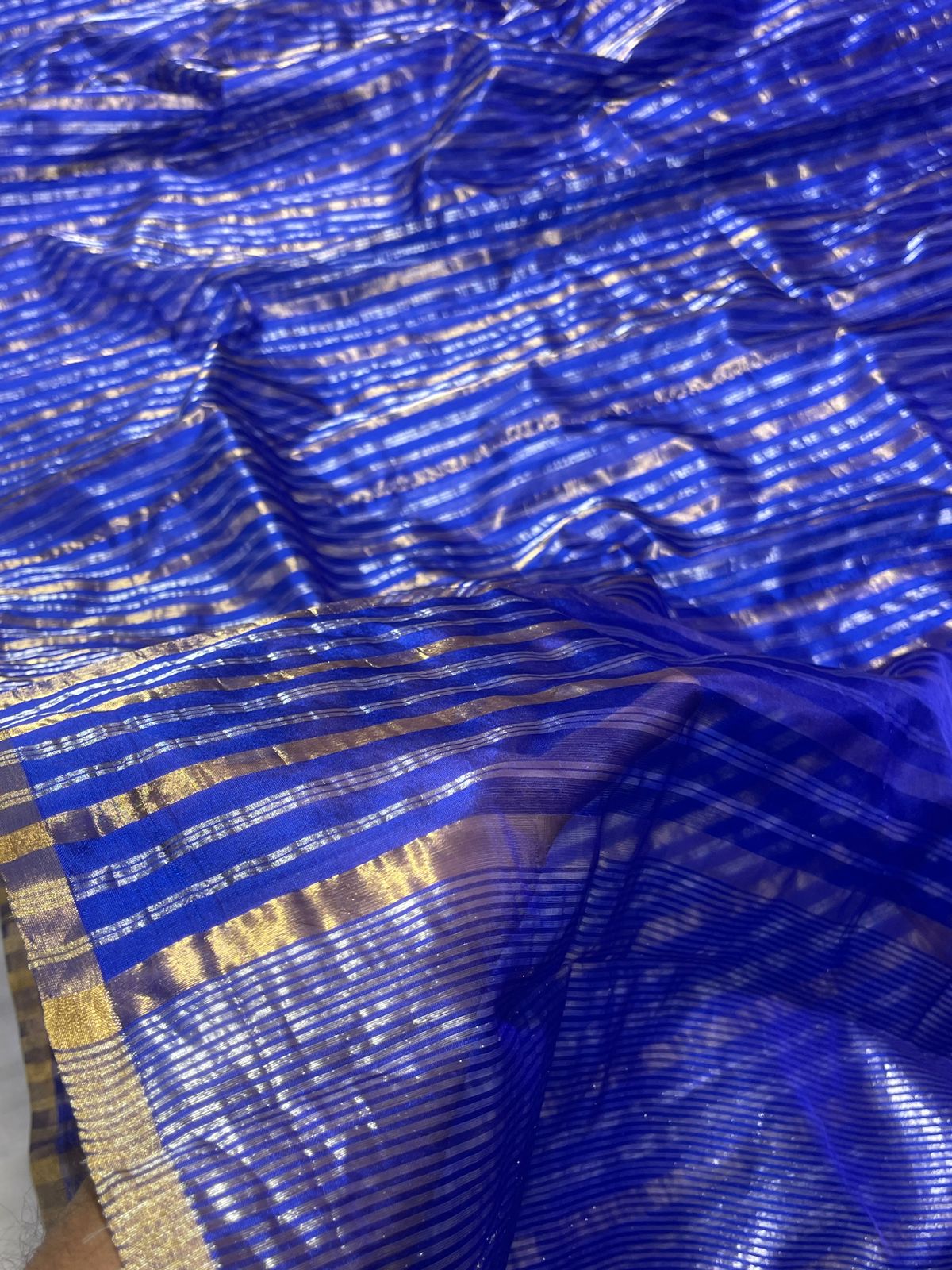 Blue Chanderi Zari Weaving Silver And Gold Zari Strip Small Border Saree