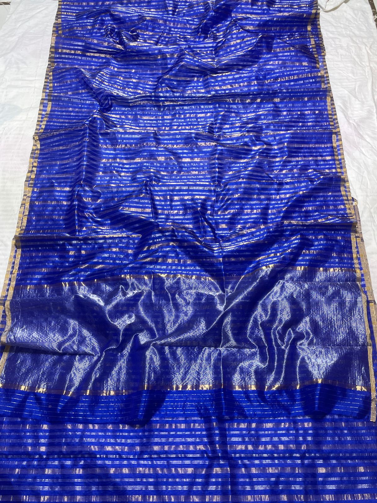 Blue Chanderi Zari Weaving Silver And Gold Zari Strip Small Border Saree