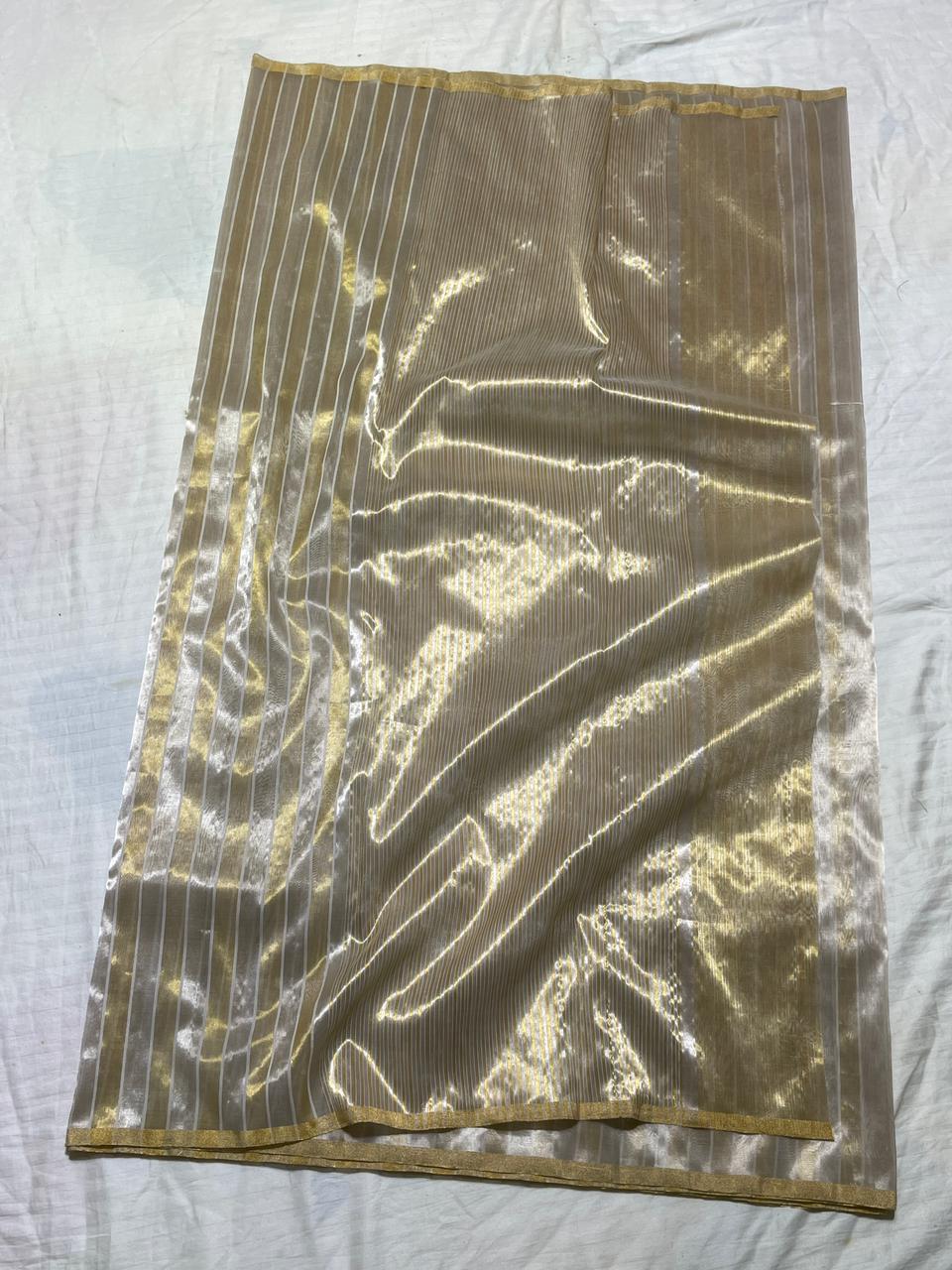 Chanderi Zari Weaving Silver And Gold Zari Strip Small Border Saree