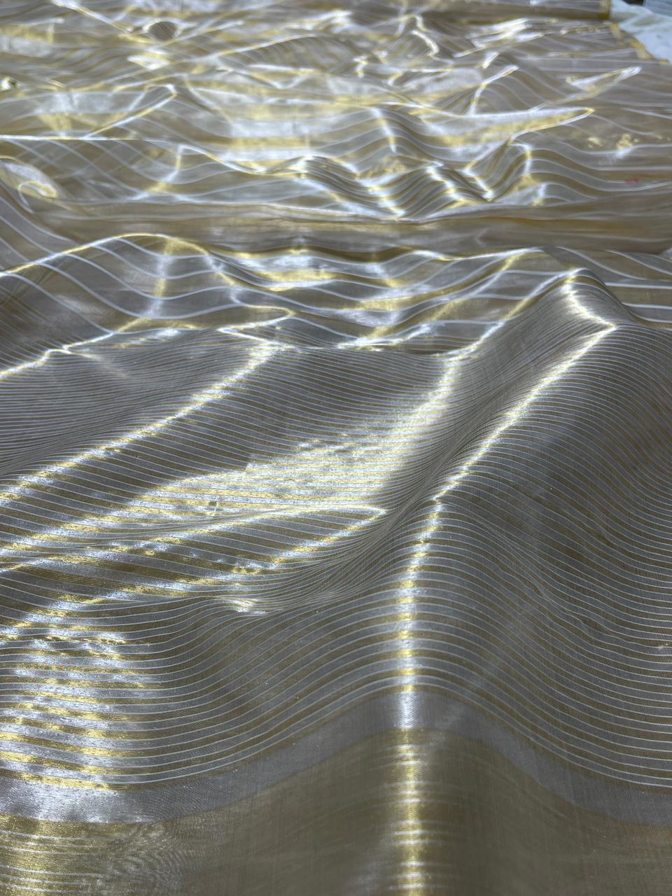 Chanderi Zari Weaving Silver And Gold Zari Strip Small Border Saree