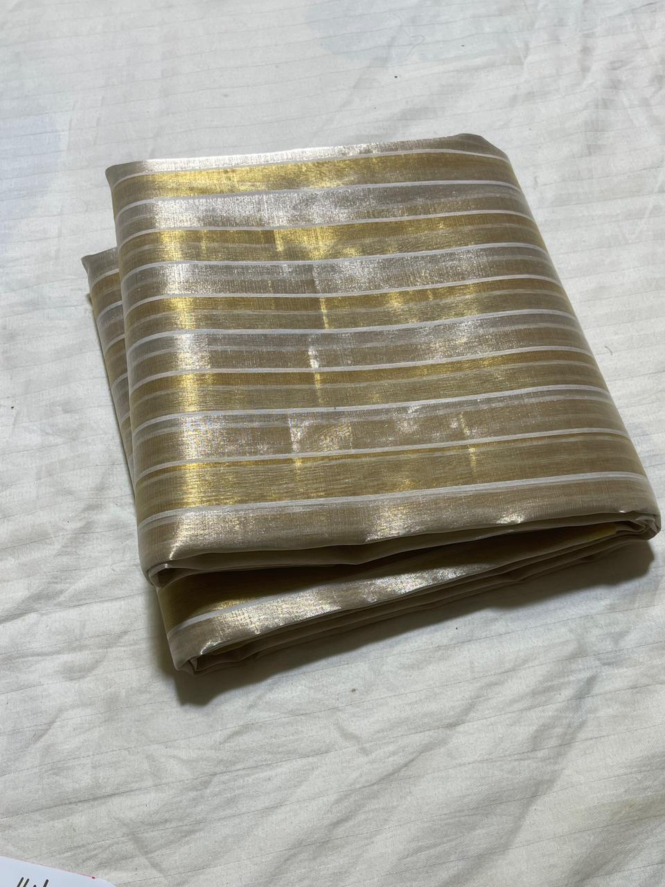 Chanderi Zari Weaving Silver And Gold Zari Strip Small Border Saree