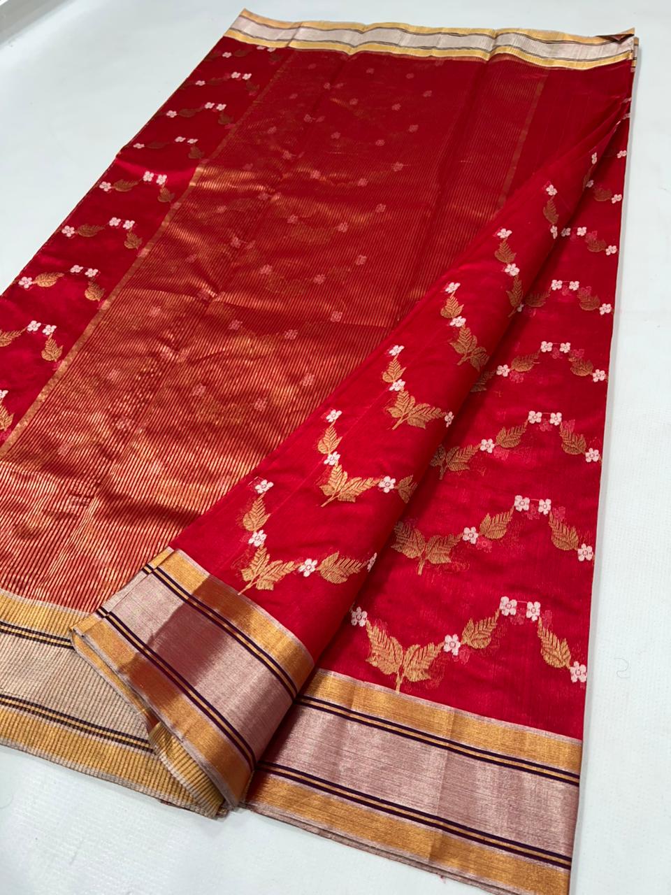Chanderi Pattu Silk All Over Minakari Butta Patella Border And Zari Strip Palla Saree
