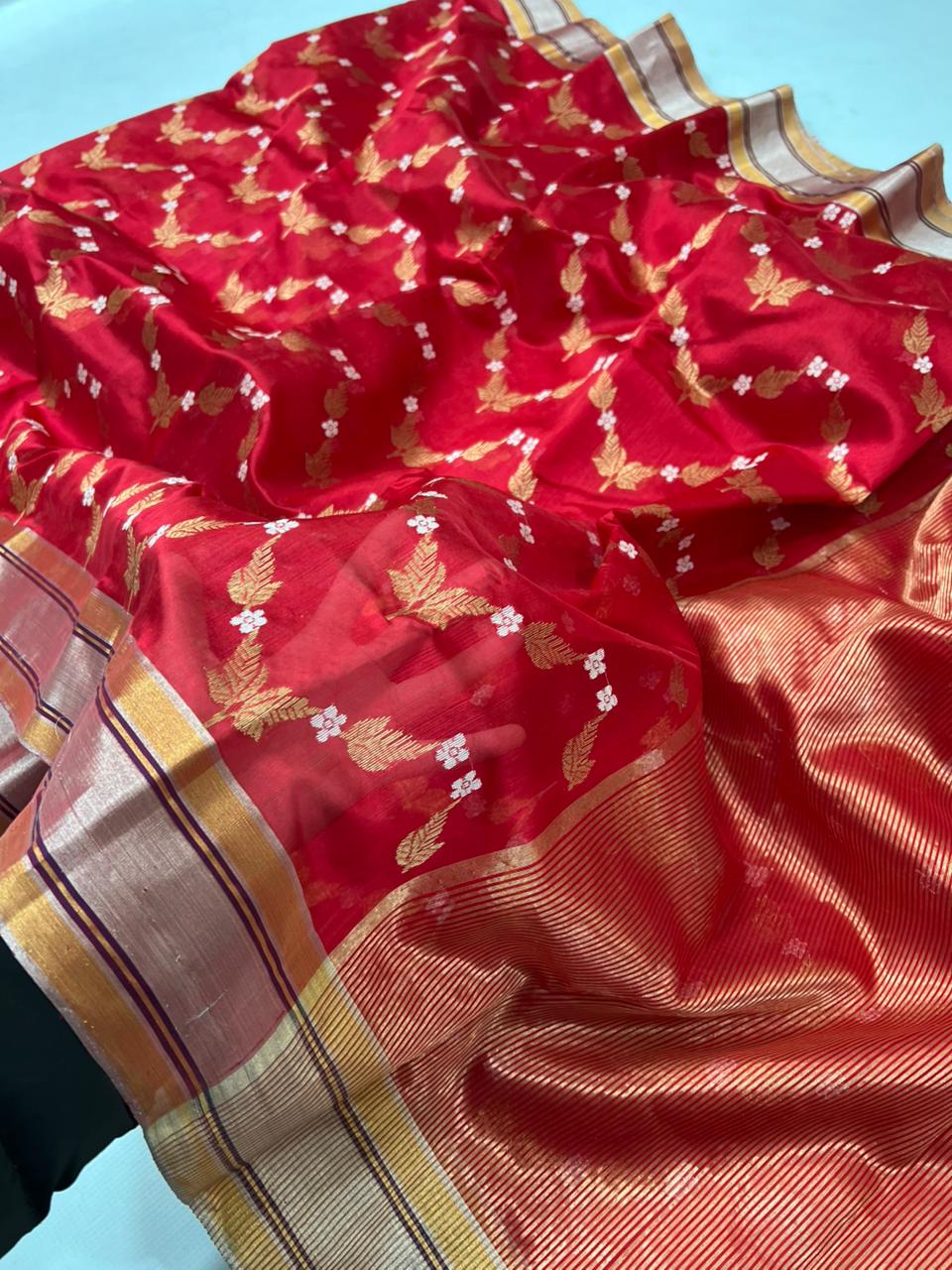 Chanderi Pattu Silk All Over Minakari Butta Patella Border And Zari Strip Palla Saree