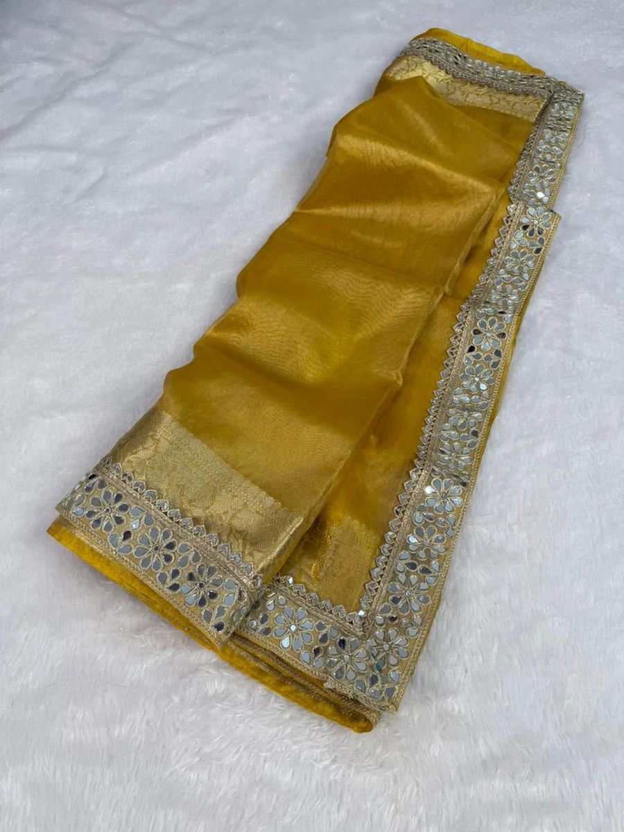 YELLOW BEAUTIFUL BANARASI TISSUE SILK MIRROR LACE WORK PREMIUM QUALITY SAREE