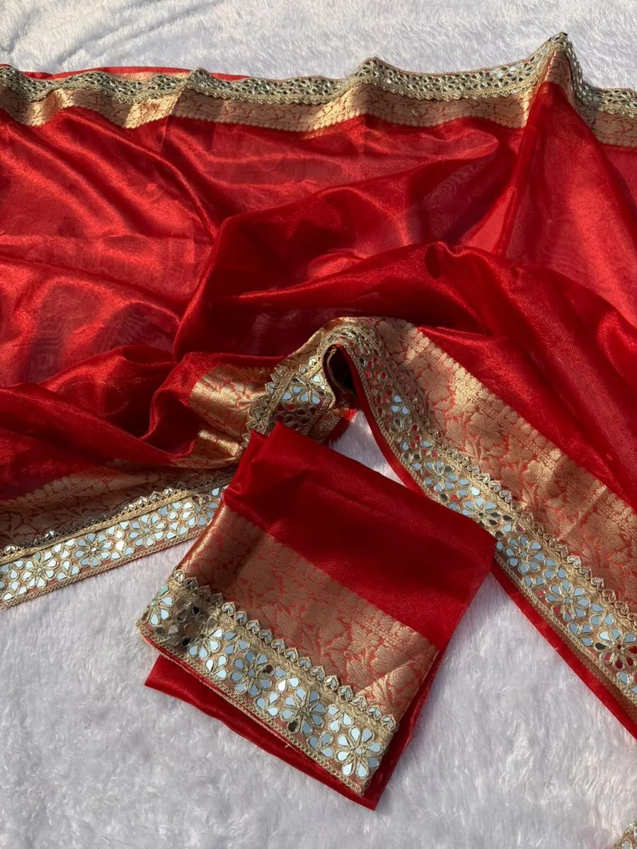 RED BEAUTIFUL BANARASI TISSUE SILK MIRROR LACE WORK PREMIUM QUALITY SAREE