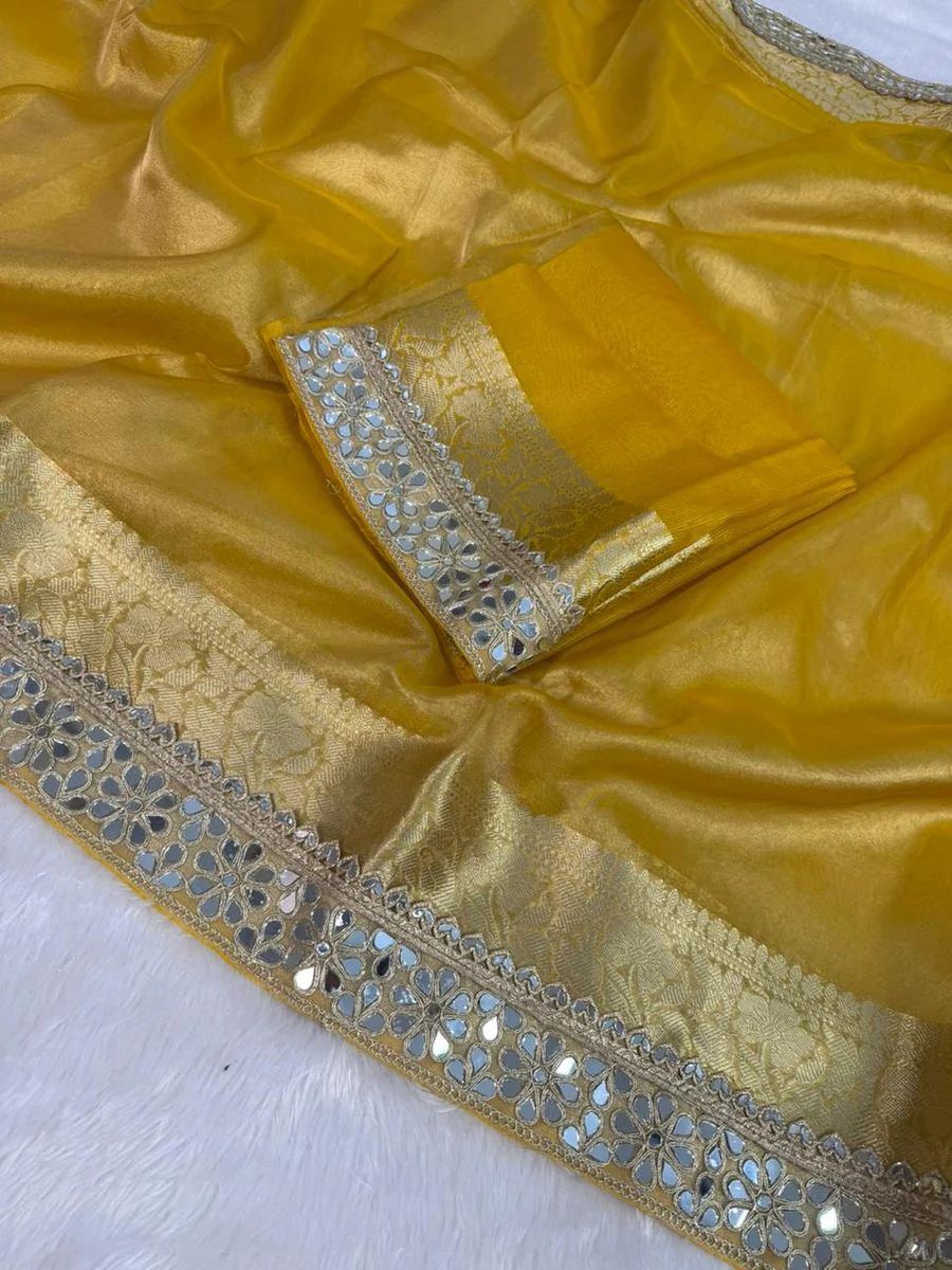 YELLOW BEAUTIFUL BANARASI TISSUE SILK MIRROR LACE WORK PREMIUM QUALITY SAREE