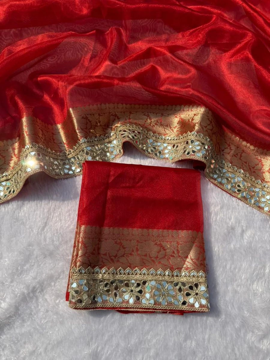 RED BEAUTIFUL BANARASI TISSUE SILK MIRROR LACE WORK PREMIUM QUALITY SAREE