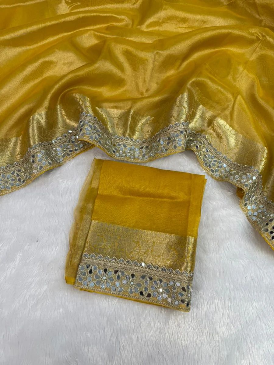 YELLOW BEAUTIFUL BANARASI TISSUE SILK MIRROR LACE WORK PREMIUM QUALITY SAREE