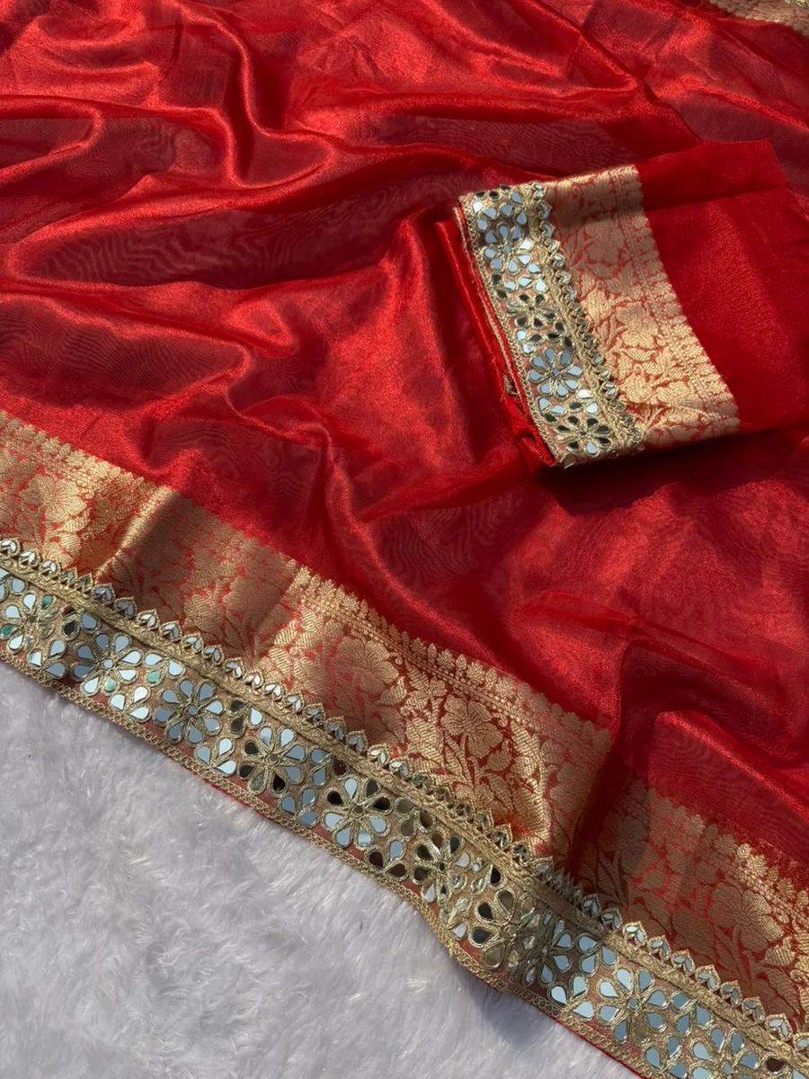 RED BEAUTIFUL BANARASI TISSUE SILK MIRROR LACE WORK PREMIUM QUALITY SAREE